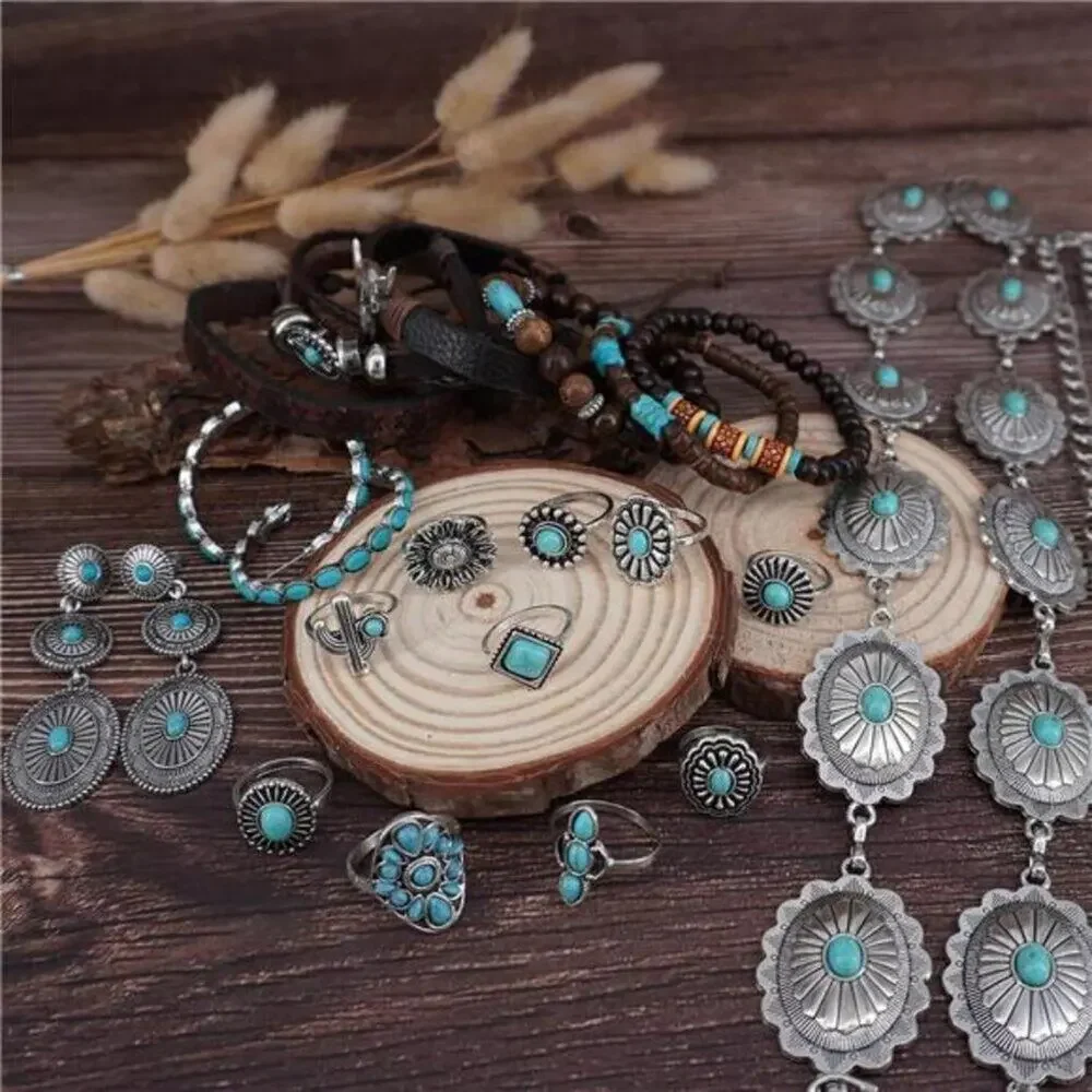 15 PCs Western Concho Belt Cowgirl Necklace, Dangle Earrings Rins Jewelry set